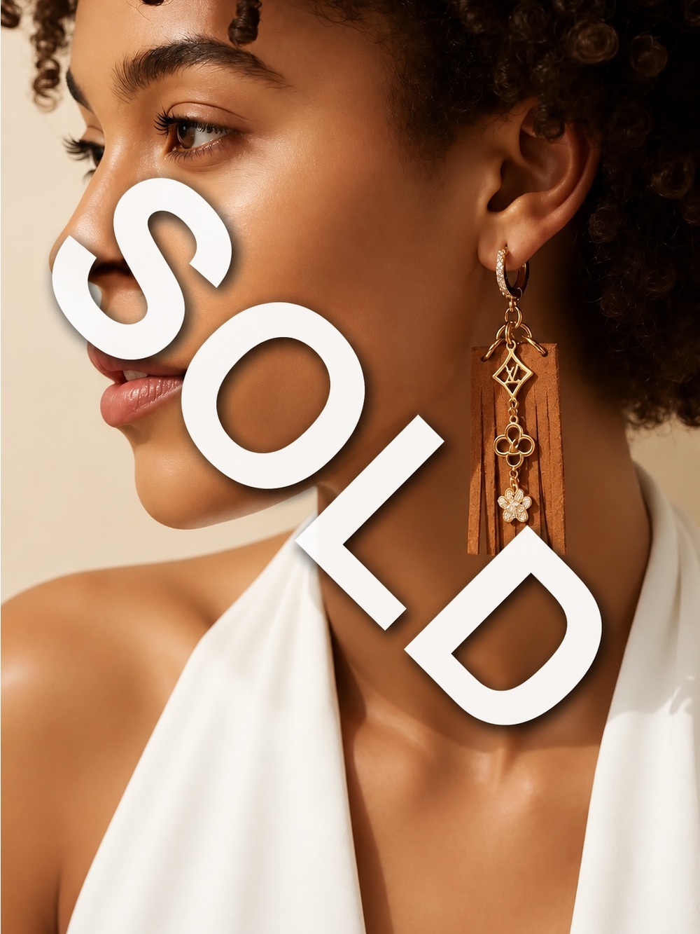 Gold & Tan Fringe Drop Earrings with Crystal Flower Charms